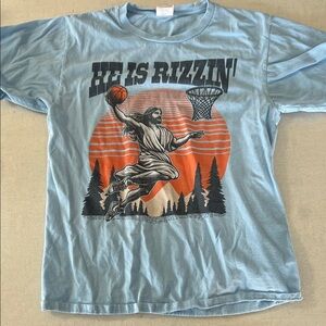 Light Blue Graphic Tee with Orange Basketball Design